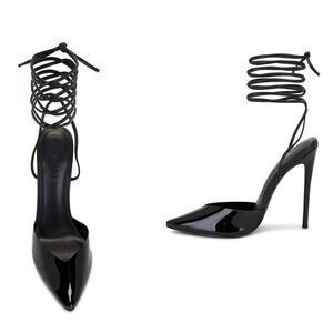 Femme LA Revolve Lace Up Stiletto Pump 6 Heels Ankle Wrap Cocktail Black Luisa